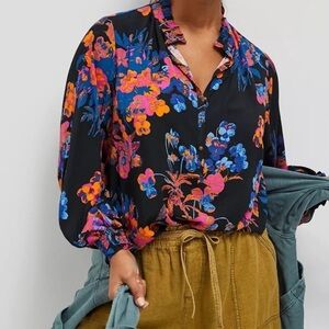 Anthropologie MAEVE Colette Black Dark Floral Romantic Peasant Top SIZE SMALL